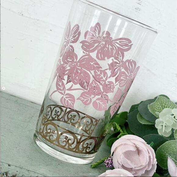Vintage Federal Glass Tumbler Pink Dogwood Flower MCM Glassware Valentine SET 6 - Picture 8 of 10